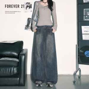 Forever 21 Retro Blue High Waist Wide Leg Jeans Womens Loose Drapey Straight Blade Pants American Style Faded Denim Blue