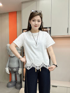 เสื้อยืดแขนสั้นลายดอกไม้ตัดเย็บแบบมีสไตล์สำหรับผู้หญิงไซส์ใหญ่ ทรงหลวม คอตั้ง สไตล์เกาหลี ผ้าฝ้าย ฤดูร้อน 2025