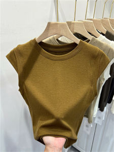 Slim Fit Knitted Sleeveless round Neck T-Shirt Womens Summer New Style Soft Base Shirt Pure Color Splice Korean Version Commute