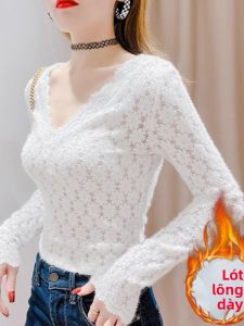 chaqi | Áo sơ mi ren cổ chữ V dày thời trang mùa thu đông cho nữ Áo lưới ngắn bên trong cổ thấp thường ngày bằng vải polyester