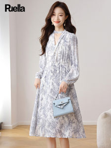 Puella French Vintage Floral Long Sleeve V-Neck Womens Design Sense Waist-Cinching Chiffon Dress High Waist A-Line Skirt