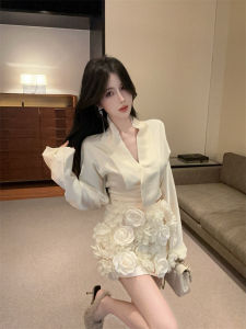 GUZILIAN | Elegant Satin Short Skirt Set Womens Long Sleeve Pleated A-Line Mini Dress Winter Commute Korean Style GZL20265930
