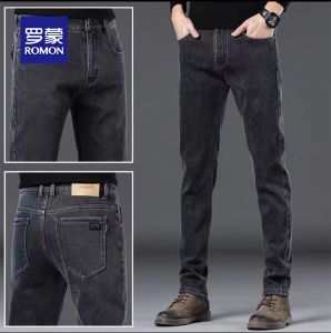 ROMON | Romon Mens Slim Fit Denim Jeans Thickened Washed Elastic Straight Leg Long Trousers Spring Autumn Winter Fashion Urban Style