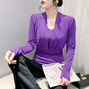 YIMEI เสื้อตาข่ายคอวีแขนยาวคอวีเข้ารูปพอดีชุดฤดูใบไม้ร่วงใหม่เสื้อตัวในสไตล์ยุโรปเสื้อสายคล้องคอสีม่วงสวยงาม