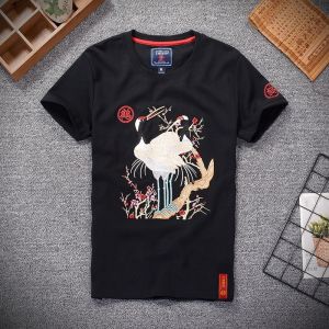 Elegant Embroidered Short Sleeve round Neck Mens T-shirt Summer Fashionable Youth Loose Fit Chinese Style Animal Patterned Top