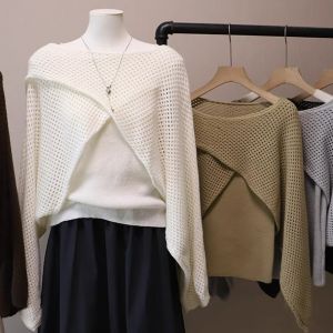 Áo Len Dệt Kim Dài Tay Khoét Rỗng Cao Cấp Đa Năng Áo Khoác Vai Phong Cách Hàn Quốc Áo Khoác Hai Mảnh Áo Khoác Mỏng Mùa Thu