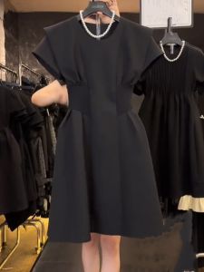 Black A-Line Dress Womens Summer New Style Slimming Waist Design Korean Version Short Sleeve round Neck Pure Color Midi Dress