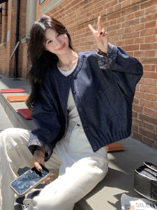 Slimming Short Jacket Womens Fashionable Retro Casual Loose Fit Coat Dark Blue High Waist Effect Autumn New Style Ladies Coat