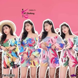 AK 18590 Set 2 ชิ้น เสื้อเปิดไหล่ แขนยาว มากับกางเกงขาสั้น