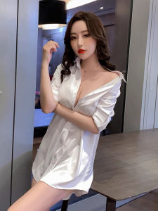 ชุดเดรสคอต่ำเอวสูงเซ็กซี่ ทรงหลวม แขนยาว สีขาว สำหรับผู้หญิงในงานเลี้ยงกลางคืน ชุดทำงานในบาร์ ไซส์ใหญ่