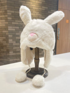 Cute Cartoon Rabbit Ear Thickened Fluffy Lei Feng Cap Womens Autumn Winter Versatile Warm Cold Resistant Hat for round Faces