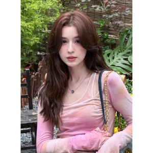 YUEZHONGWEI | Pink Gradient Dyed Slim Fit Long Sleeve T-Shirt Summer Thin Outerwear Top Womens Fashionable Commute Style Creative Pattern