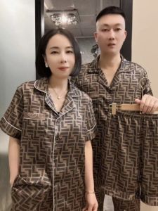 F Letter Brand Summer Thin Short Sleeve Three-Piece Set Sleepwear for Men And Women Luxury Home Clothes Couples Matching Ice Silk Pajamas