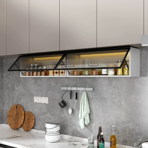 Kitchen Wall-Mounted Spice Rack Fold-Up Cabinet Glass Door Storage Box No-Drilling Required Aluminum Creative Dustproof Shelf