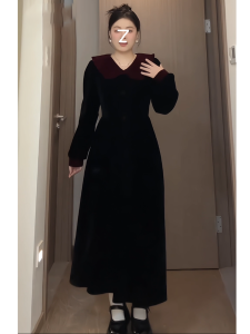 plus Size Velvet Long Sleeve Dress Hepburn Style Doll Collar Slimming Waist High Waist A-Line Skirt Korean Style Autumn Winter