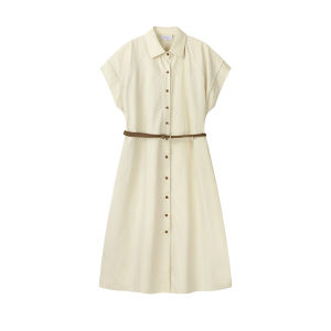 ชุดเดรสทำงานสไตล์ฝรั่งเศสแบบลำลองสำหรับฤดูร้อน กระโปรงยาวคลุมเข่าเอวยางยืดสำหรับผู้หญิง ชุดทำงานลำลอง ชุดเดรสยาวคลุมเข่า