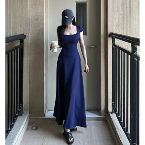 French Style Square Collar Blue Short Sleeve Dress Womens Summer New High End Elegant Knee-Length A-Line Long Skirt