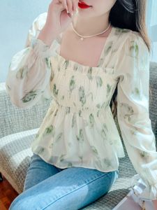 Fall New Style French Square Collar Slimming Beautiful Health Ring Long Sleeve Chiffon Waist-Cinching Fashionable Accessories