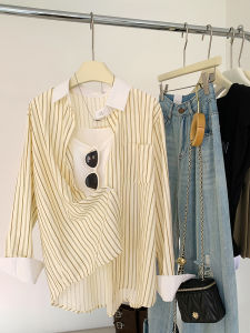 AMILUCK | Loose Long Sleeve Womens Chiffon Shirt Color Block Striped Lightweight Summer Fashion Casual Style Button Down Sun Protection Outerwear