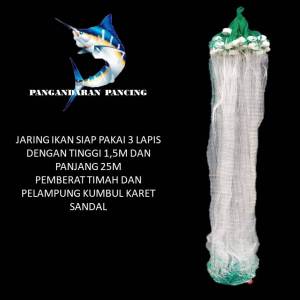 Jaring Ikan Siap Pakai 3 Lapis Tinggi 15m Panjang 25m Jaring Luar 5in 028 Jaring Dalam 1.75in 020