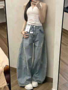 กางเกงยีนส์ทรงหลวมเอวสูงขากว้างสไตล์อเมริกันสำหรับผู้หญิง ฤดูร้อน 2025 กางเกงขายาวทรงหลวมสไตล์ใหม่