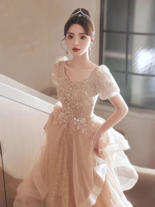 French Elegant Evening Gown Womens New 2024 Ball Luxury Small Audience High-end Art Exam Host Adult Dress Princess Style Beaded mid Waist Long Skirt