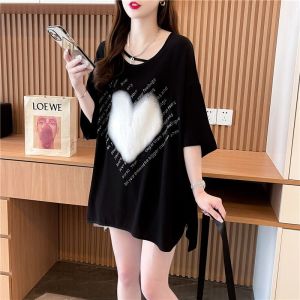 Áo Thun Cotton Hình Trái Tim Dài Vừa Phải Tay Ngắn Dáng Rộng Cỡ Lớn Thiết Kế Che Mông Thời Trang Mùa Hè Cổ Tròn