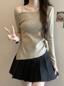 Irregular Long Sleeve Knitted T-Shirt Womens plus Size Shoulder Baring Top European Style Small Shirt Comfortable Soft Fabric