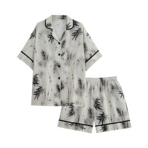 yuenei | Bộ đồ ngủ cotton mùa hè cho nữ Bộ đồ mặc nhà giản dị có nút trang trí Quần short dài tay Áo sơ mi cổ bẻ họa tiết hoa