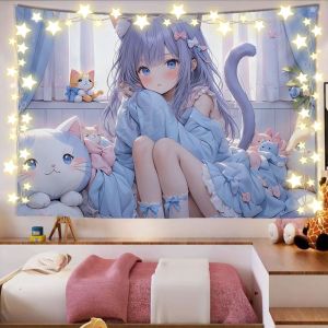 Tấm Thảm Treo Tường Anime Hình Mèo Tai Xanh VIKAMA Chất Liệu Polyester Trang Trí Nhà Cửa Cho Phòng Ngủ Phòng Khách Ký Túc Xá Ấm Áp Hình Búp Bê Mèo Luoli Trang Trí Cửa Sổ