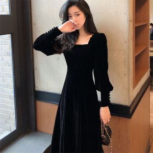 Autumn Winter Black Velvet Long Dress Hepburn Style Womens Gown High Waist A-Line Skirt Formal Evening Party Dress