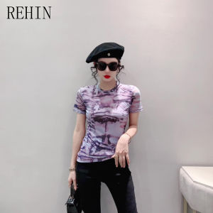 Rehin Áo thun nữ áo sơ mi cổ tròn tay ngắn in độc đáo lưới thời trang mùa hè mới phong cách Châu Âu Áo S-3XL dáng ôm phong cách