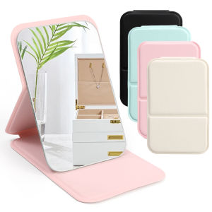 Dorisna Xách Tay Gương trang điểm loại nhỏ Ký Túc Xá Máy Tính Để Bàn Và sử dụng tại văn phòng di động có thể điều chỉnh gương gập màu trơn PU gương bọc da