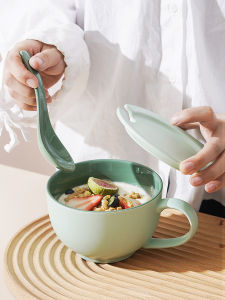 Large Capacity Ceramic Oats Milk Cup Breakfast Cup with Lid Spoon Microwave Safe Soup Cup Japanese Style Handle Design