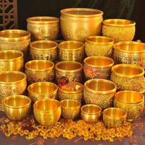 Bowl Offering Basin Water Treasure Feng Shui Fruit Altar Golden Brass Meditation Cup Holder Wealth Supplies Good Money Lucky