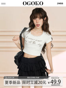 Áo Thun Nữ Tay Ngắn Ôm Vừa Vặn Cổ Chữ U Màu Trắng Ren Cạp Cao Mùa Hè Ngắn Hở Bụng Áo Thun Nữ Phong Cách Đường Phố