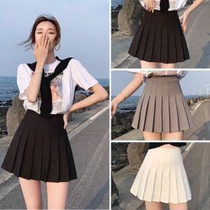 High Waist Pleated Mini Skirt Womens Spring Summer Slimming Black White British Style Polyester Fabric A-Line Skirt