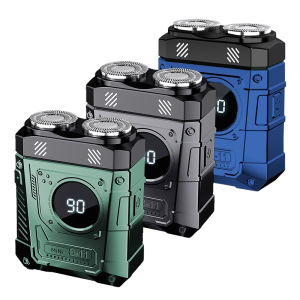 Magnetic Double Blade Electric Shaver for Men Mecha Punk Style Rechargeable LCD Portable Beard Trimmer Face Beard Razor Knife