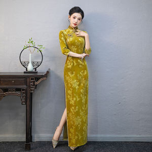 Váy Dài Màu Vàng Phong Cách Trung Hoa Cổ Điển Thanh Lịch Cỡ Lớn Cho Buổi Biểu Diễn Trên Sân Khấu Váy Dài Cạp Cao Có Chi Tiết Xếp Nếp