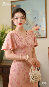 Đầm thiết kế thanh lịch sang trọng với chất liệu Gấm hoa cao cấp có độ bóng vừa phải không quá lấp lánh DD4L1238 Thời trang Thiều Hoa