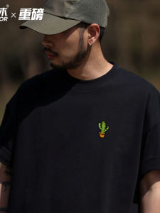 Loose Cotton round Neck T-Shirt for Men with Cactus Print American Style Streetwear Hip Hop Loose Fit Heavyweight Cuff T-Shirt