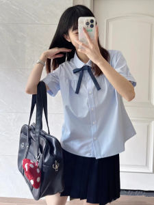 Áo Sơ Mi Nữ Tay Ngắn Màu Xanh Phong Cách Hàn Quốc Cổ Búp Bê Ngọt Ngào Thiết Kế Mùa Hè Cổ Điển Phong Cách Đại Học