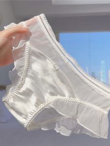 Sweet Satin Lace Low Waist Triangle Panties with Butterfly Knot Pure White Black Antibacterial Cotton Crotch for Young Girls