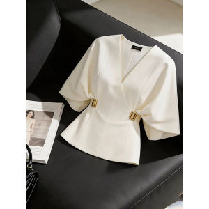 White Cross V-neck Slimming Short Sleeve Shirt