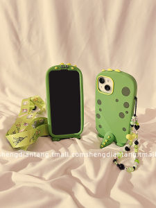 Cute Cartoon Green Dinosaur 3D Silicone Phone Case for  15 pro Max Womens Crossbody Phone Cover Protective Shell Chain Design