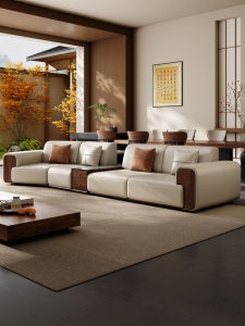 High-End Leather Sofa Black Cherry Wood New Chinese Style Living Room Villa Home Use Customizable Premium Leather