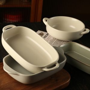 Retro Style Ceramic Double Ear Baking Tray Japanese Style Dish Oven Special Breakfast Plate High Aesthetic Value Rice Plate