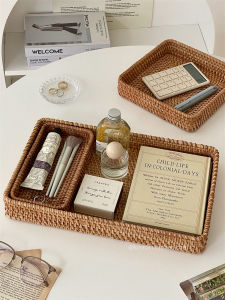 Japanese Style Wicker Desktop Storage Box Rectangular Cosmetic Organizer Tray Miscellaneous Item Storage Basket Display Plate