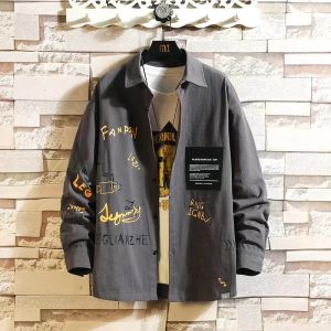 Mens Graffiti Long Sleeve Shirt Casual Wear-Resistant Durable Loose Fit Youthful Style for Workwear Spring Autumn Season