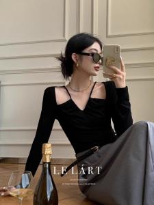 Áo Thun Cổ Chữ V Dài Tay Ôm Vừa Vặn Thanh Lịch Thanh Lịch Kiểu Pháp Dành Cho Nữ Mùa Thu Đông Phong Cách Pháp Cổ Độc Đáo Nhỏ